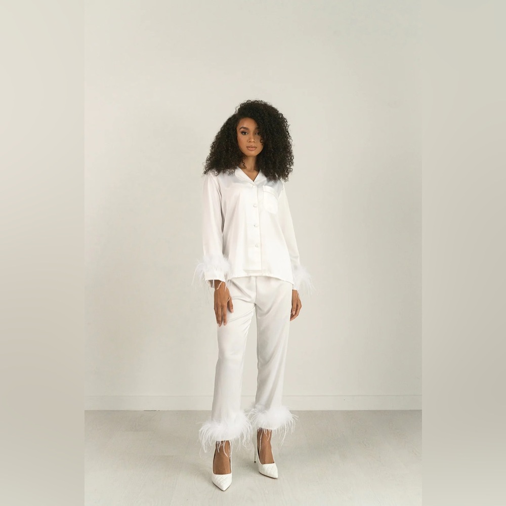 Elegant White Feather Trim Pajama Set